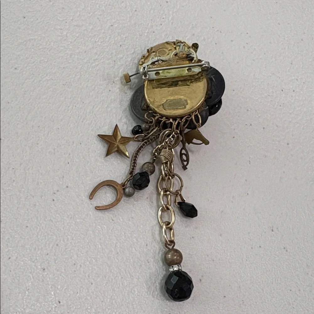 Vintage Glass & Metal Button Brooch with charms—BEAUTIFUL! Glass Beads—Artisan